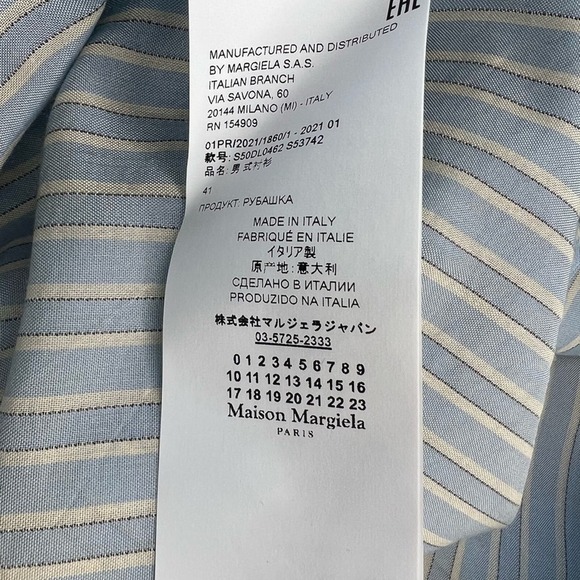 Maison Margiela Blue Pinstriped Band Collar Men’s Long Sleeve Button Up Shirt - Picture 8 of 11
